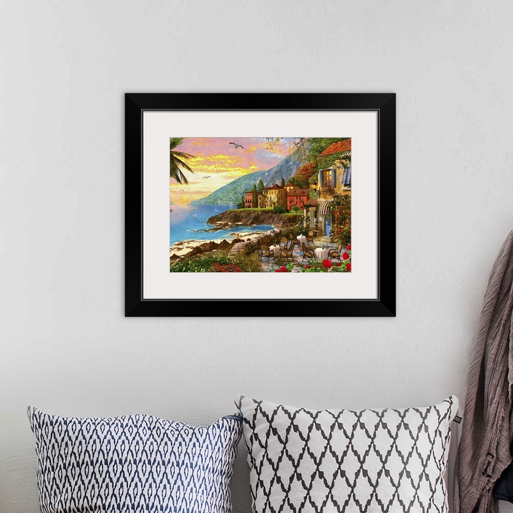 A bohemian room featuring Illustration of an island town at sunset.