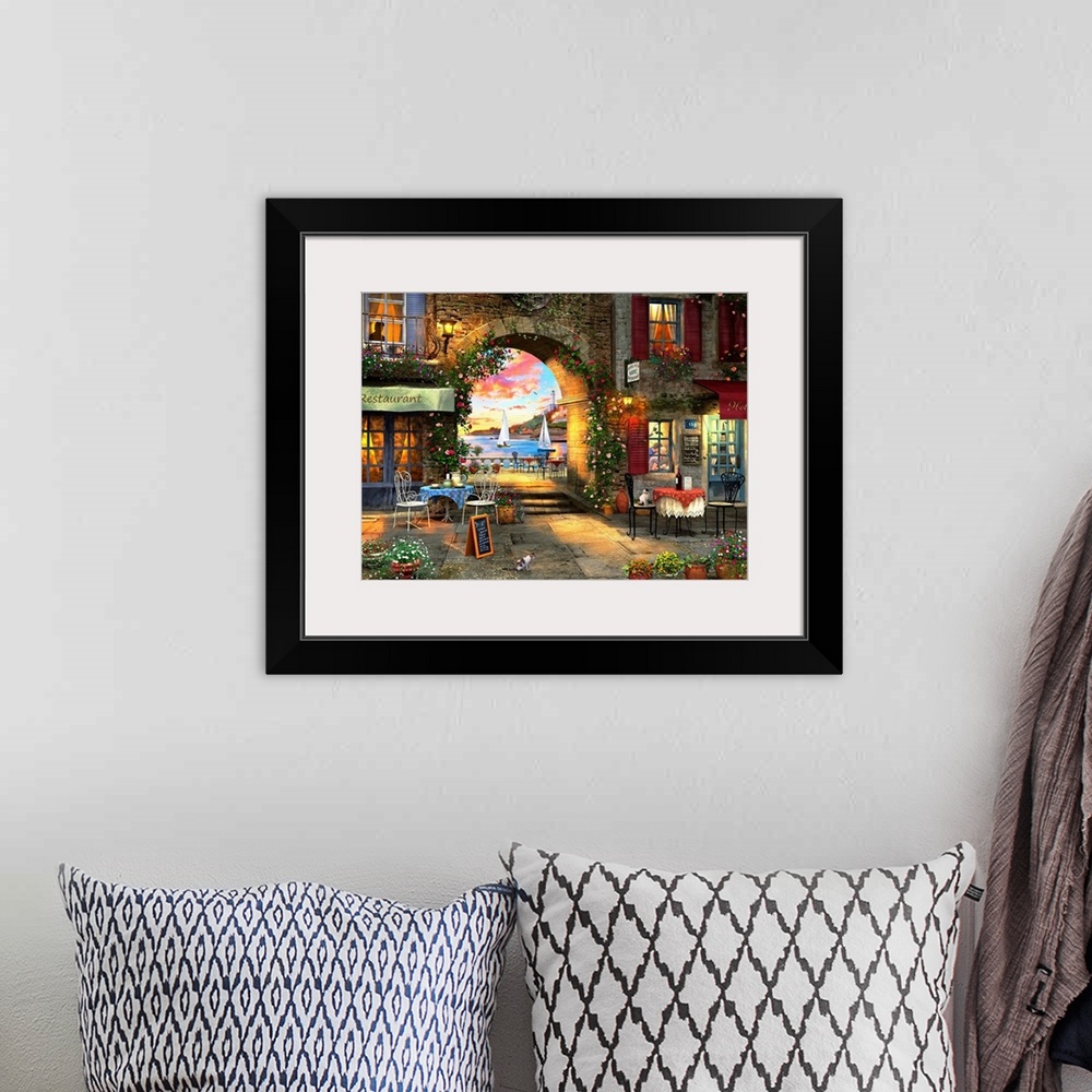 A bohemian room featuring Illustration of an evening sunset, somewhere in the Mediterranean.