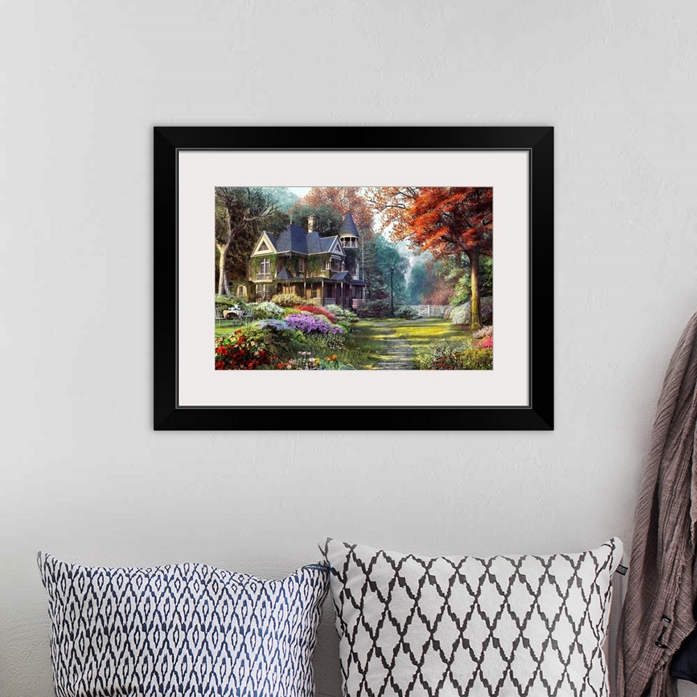 A bohemian room featuring Painting on canvas of a big house with a beautiful garden surrounding it.
