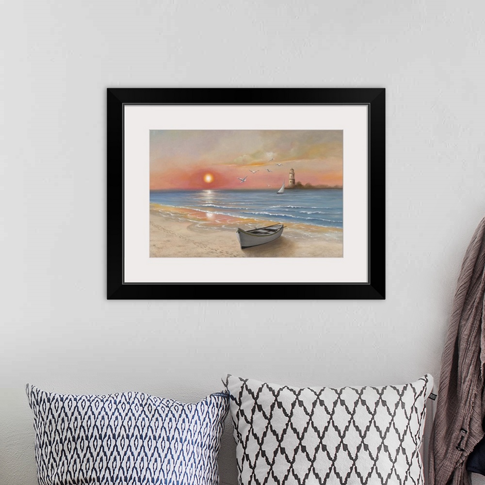 A bohemian room featuring Contemporary painting of a lone boat at the edge of the sea at sunset, with a lighthouse in the d...
