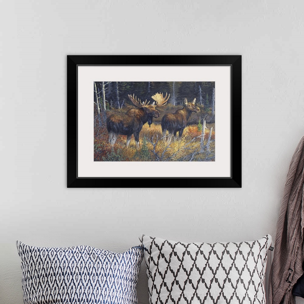A bohemian room featuring Contemporary artwork of a moose bull and cow walking together in a forest in the fall.
