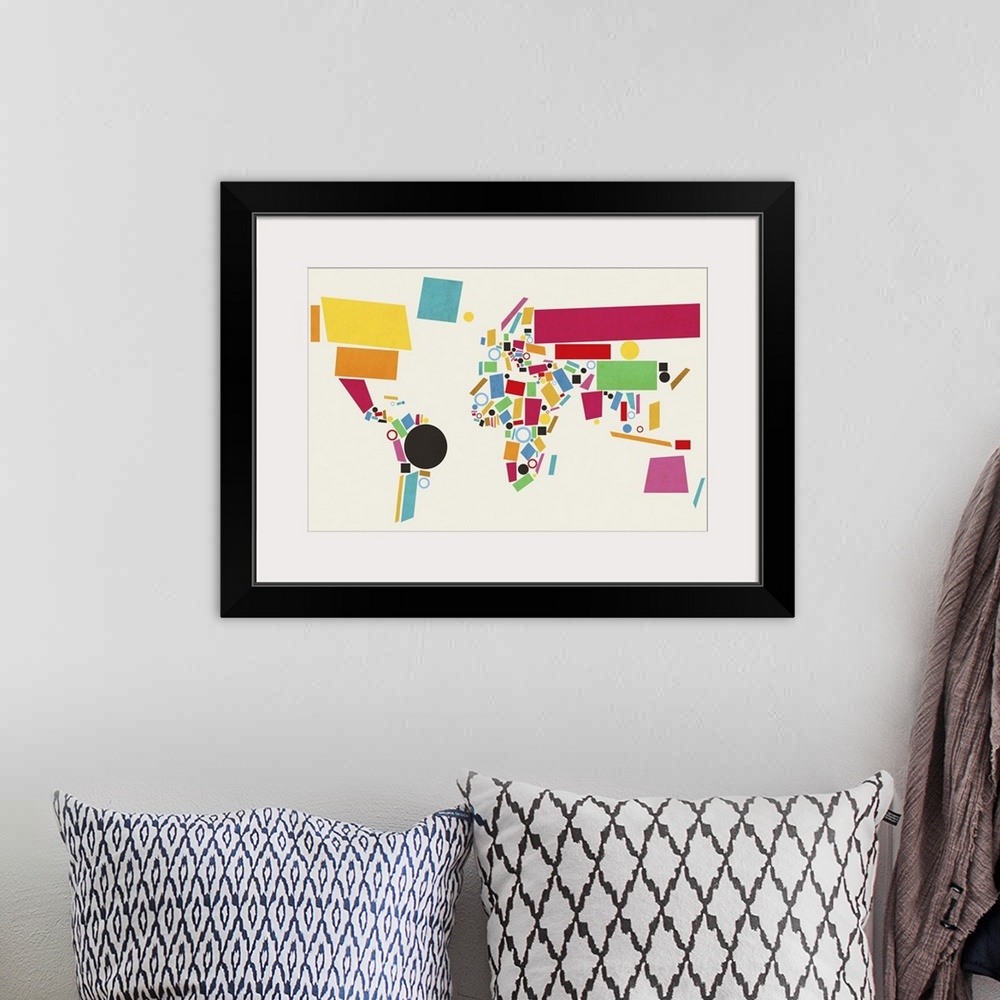 A bohemian room featuring Abstract map of the world made up of Geometric Shapes
