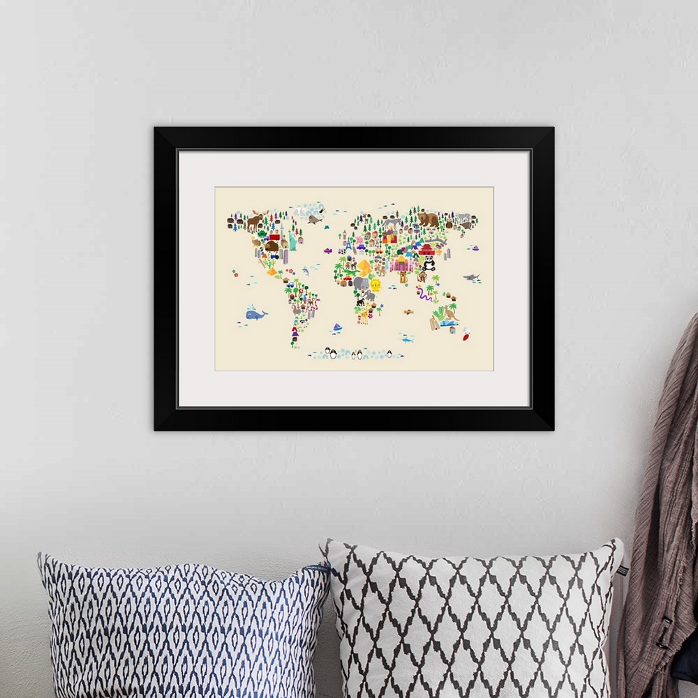 A bohemian room featuring Animal Map of the World for children, Tan