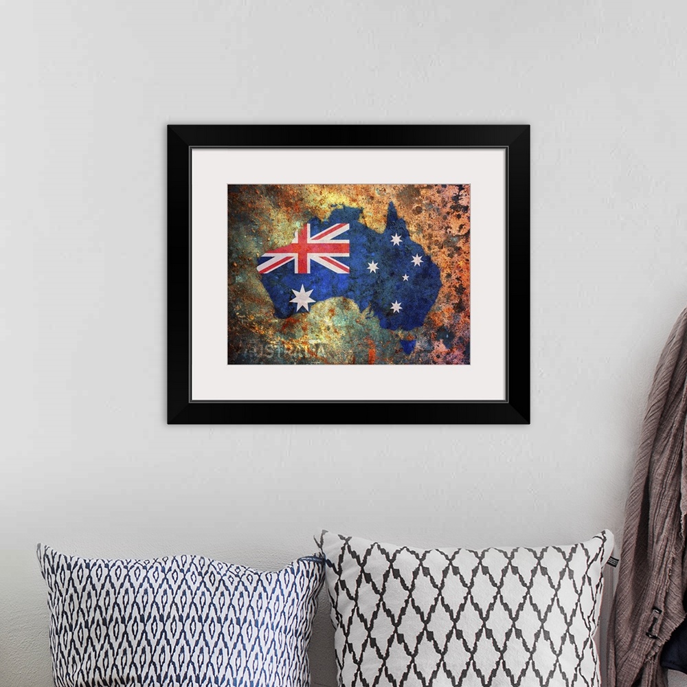 A bohemian room featuring The Australian flag is used in the shape of the country against a very rustic background.