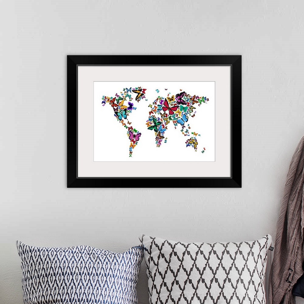 A bohemian room featuring Butterflies Map of the World, White Background