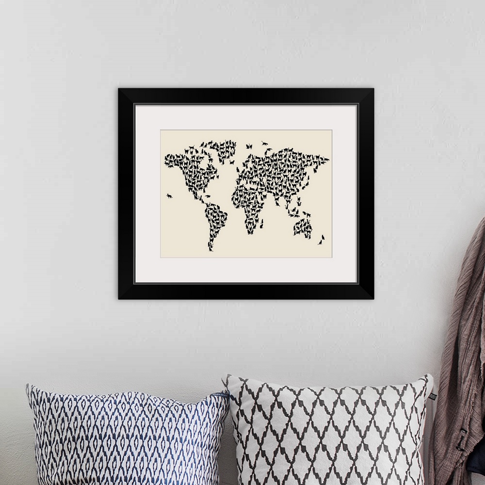 A bohemian room featuring Contemporary artwork of a world map made of cats.