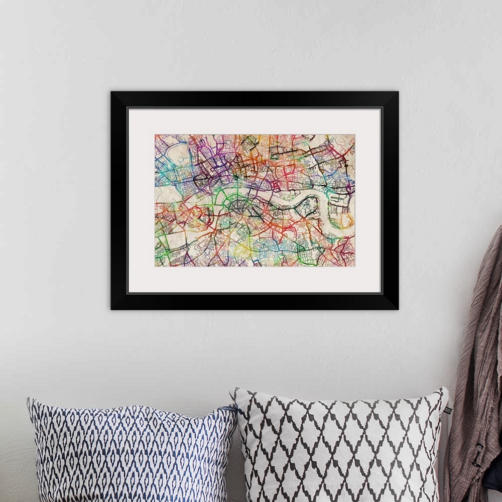 A bohemian room featuring This large piece consists of a rainbow of colors for a map of London showing all the streets and ...