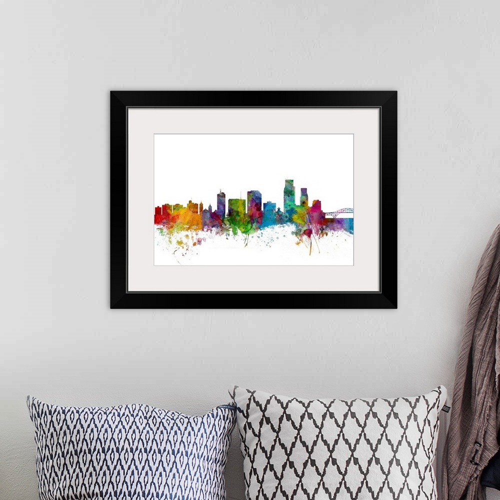 A bohemian room featuring Watercolor artwork of the Corpus Christie skyline against a white background.
