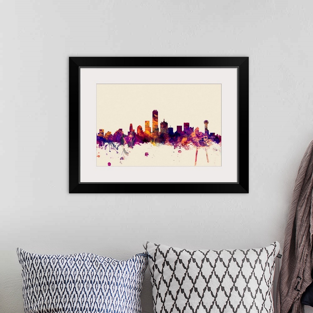 A bohemian room featuring Contemporary artwork of the Dallas city skyline in watercolor paint splashes.