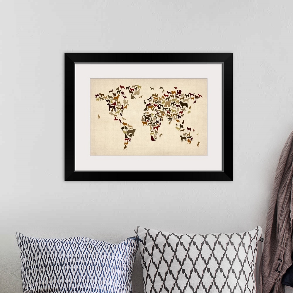 A bohemian room featuring Contemporary artwork of a world map made of dogs.