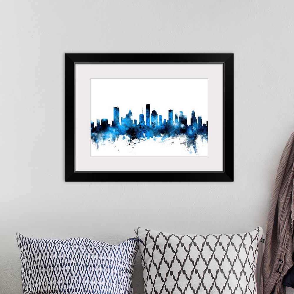 A bohemian room featuring Watercolor art print of the skyline of Houston, Texas, United States.