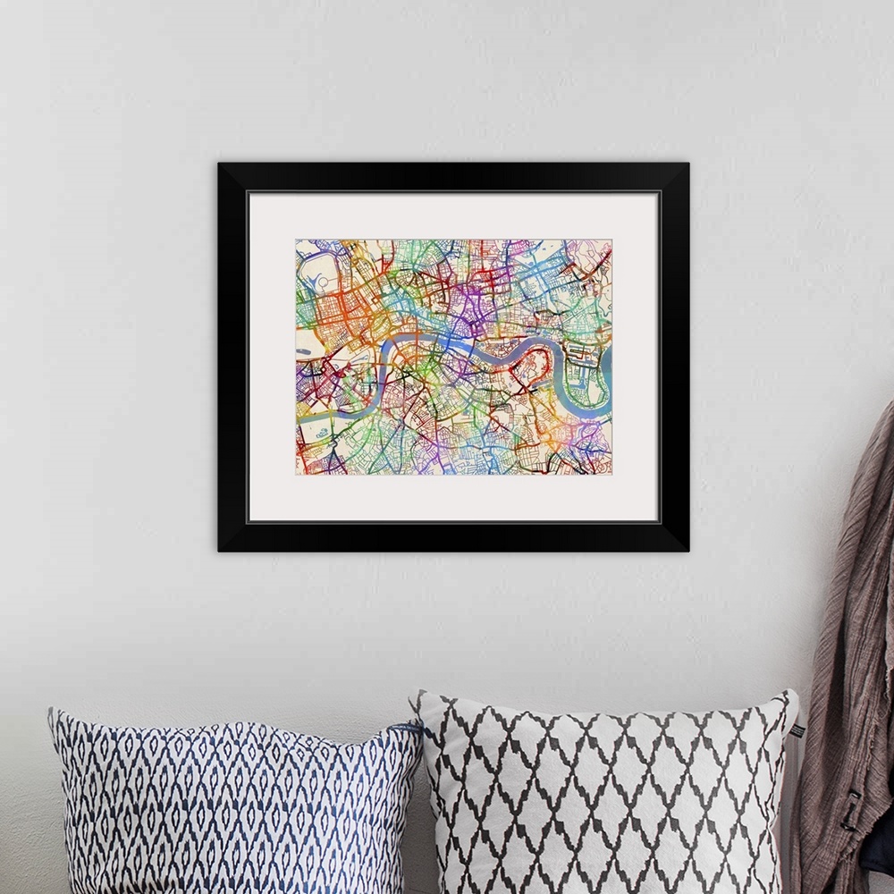 A bohemian room featuring Contemporary colorful city street map of London.