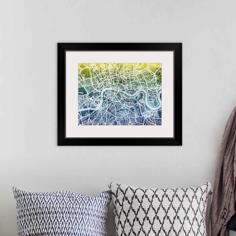 A bohemian room featuring Contemporary watercolor city street map of London.