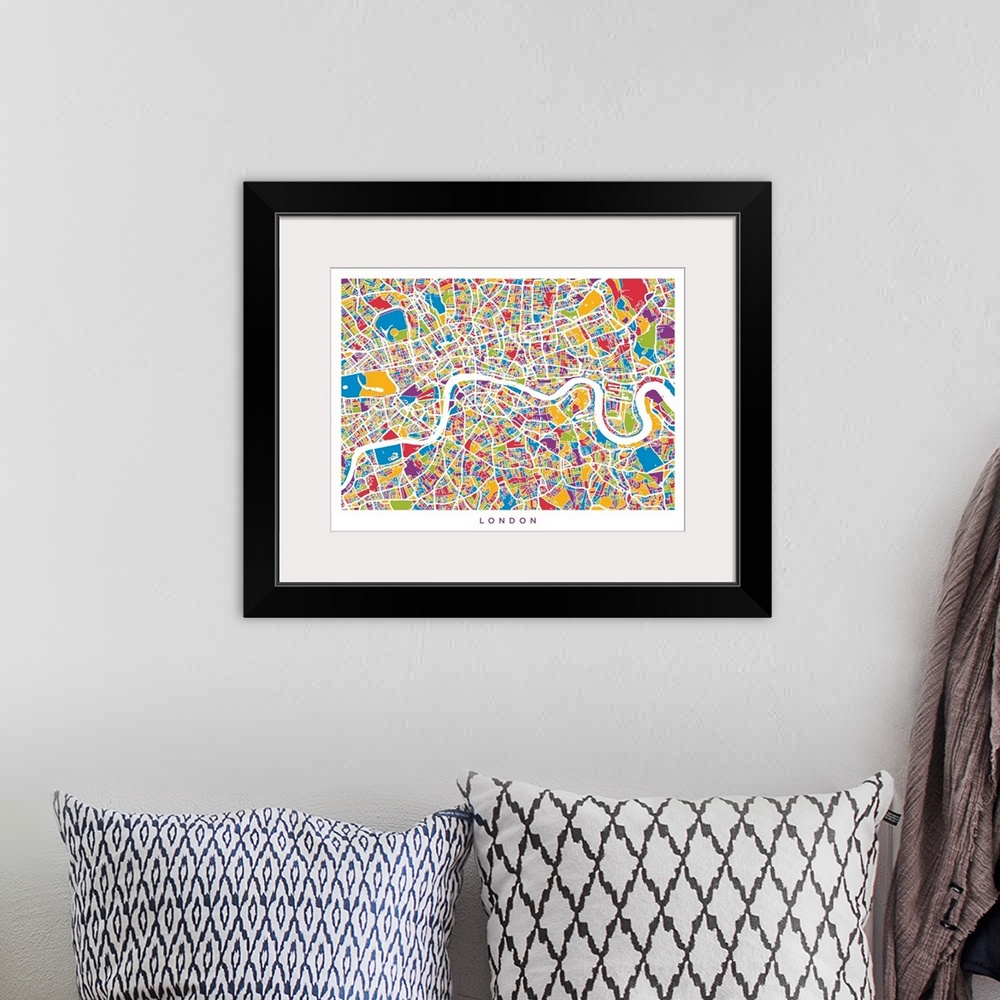 A bohemian room featuring London England Street Map, Colorful