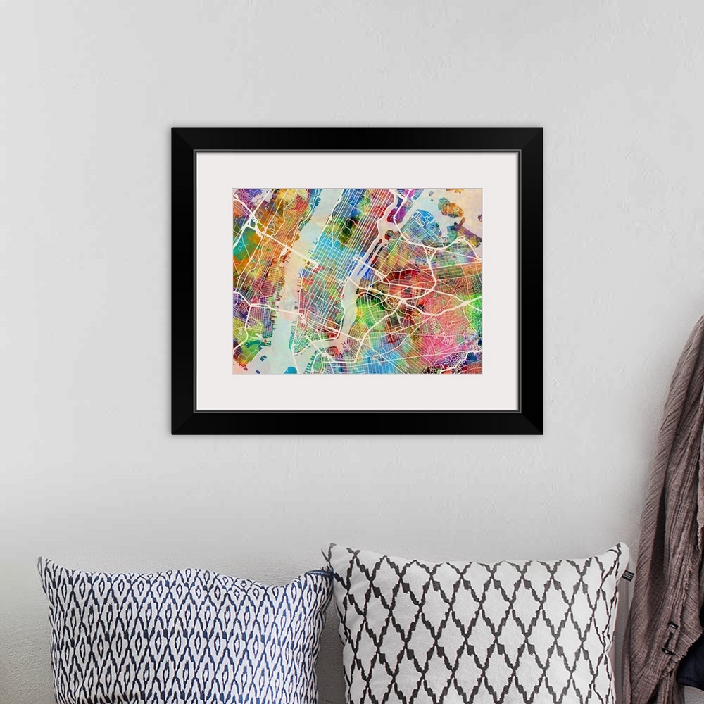 A bohemian room featuring Watercolor art map of New York city streets.