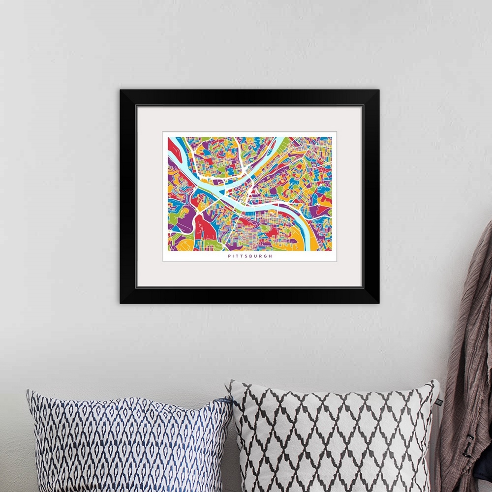 A bohemian room featuring Watercolor art map of Pittsburgh city streets.
