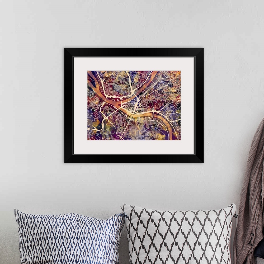 A bohemian room featuring Contemporary colorful city street map of Pittsburgh.