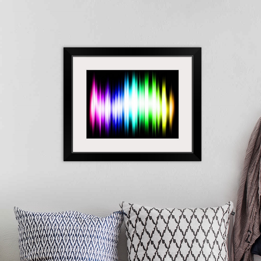 A bohemian room featuring Abstract Rainbow Spectrum Light Rays, Digital Art