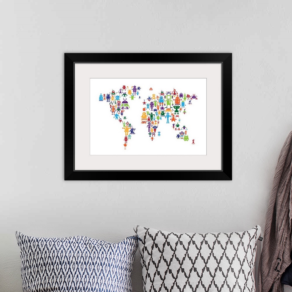 A bohemian room featuring Contemporary world map artwork made of bright colorful robots.