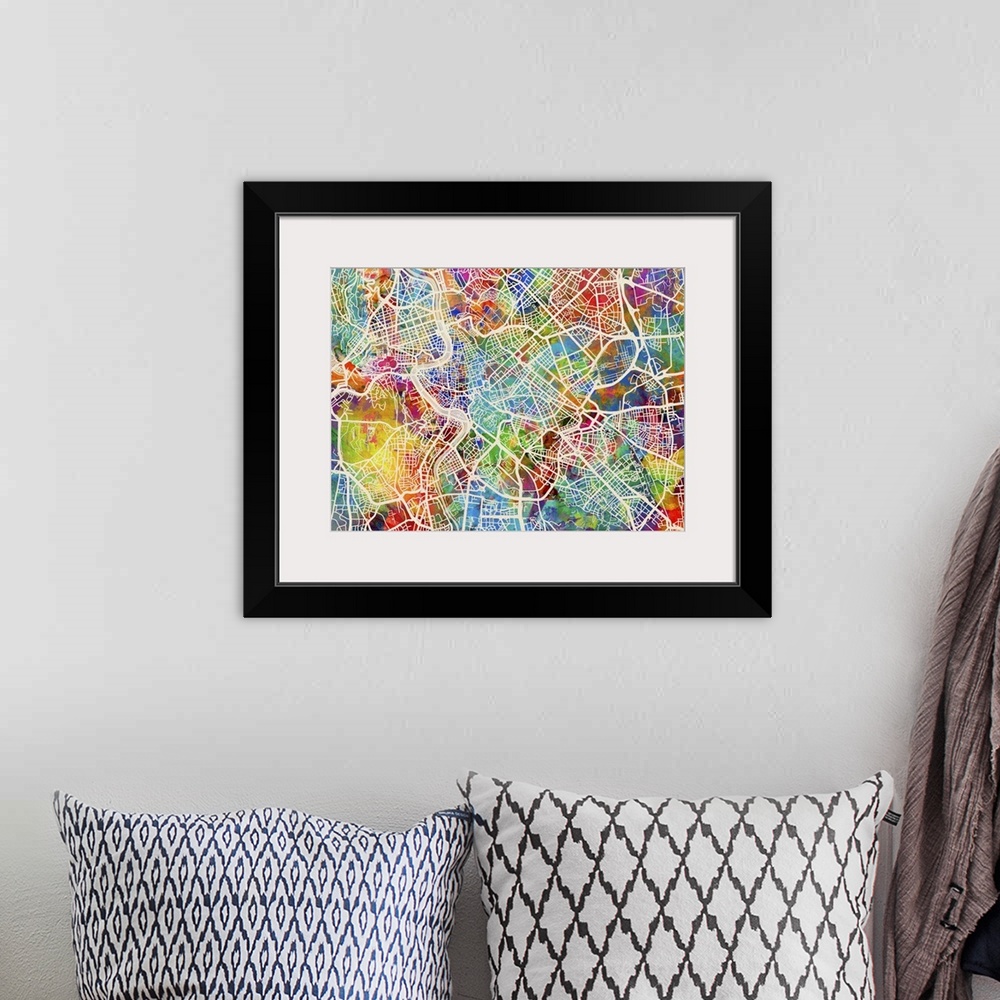 A bohemian room featuring Watercolor art map of Rome city streets.