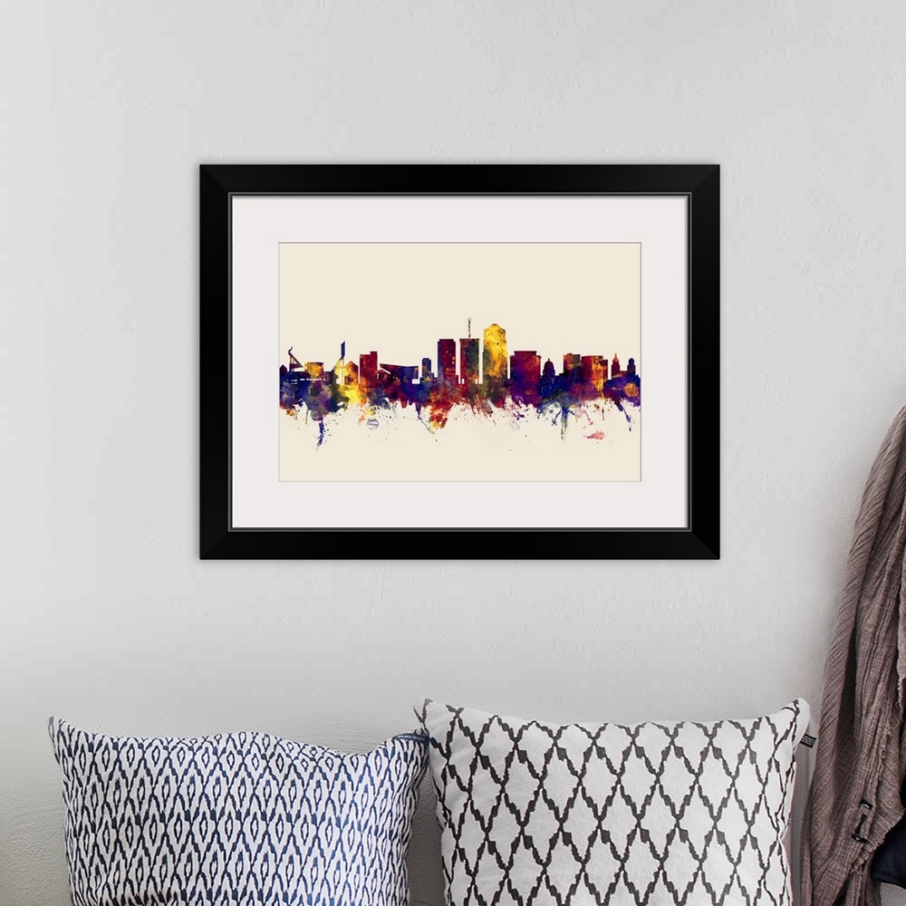 A bohemian room featuring Watercolor art print of the skyline of Tucson, Arizona, United States