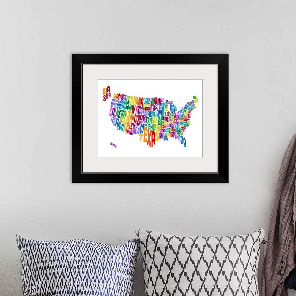 A bohemian room featuring Contemporary typography world map. Each state shape is the name of that state.