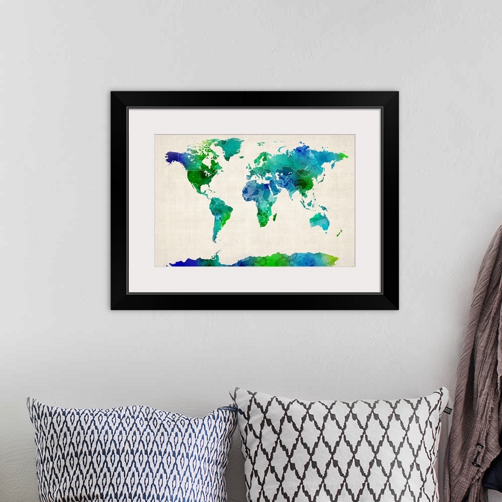A bohemian room featuring Watercolor Map of the World, Green and Blue