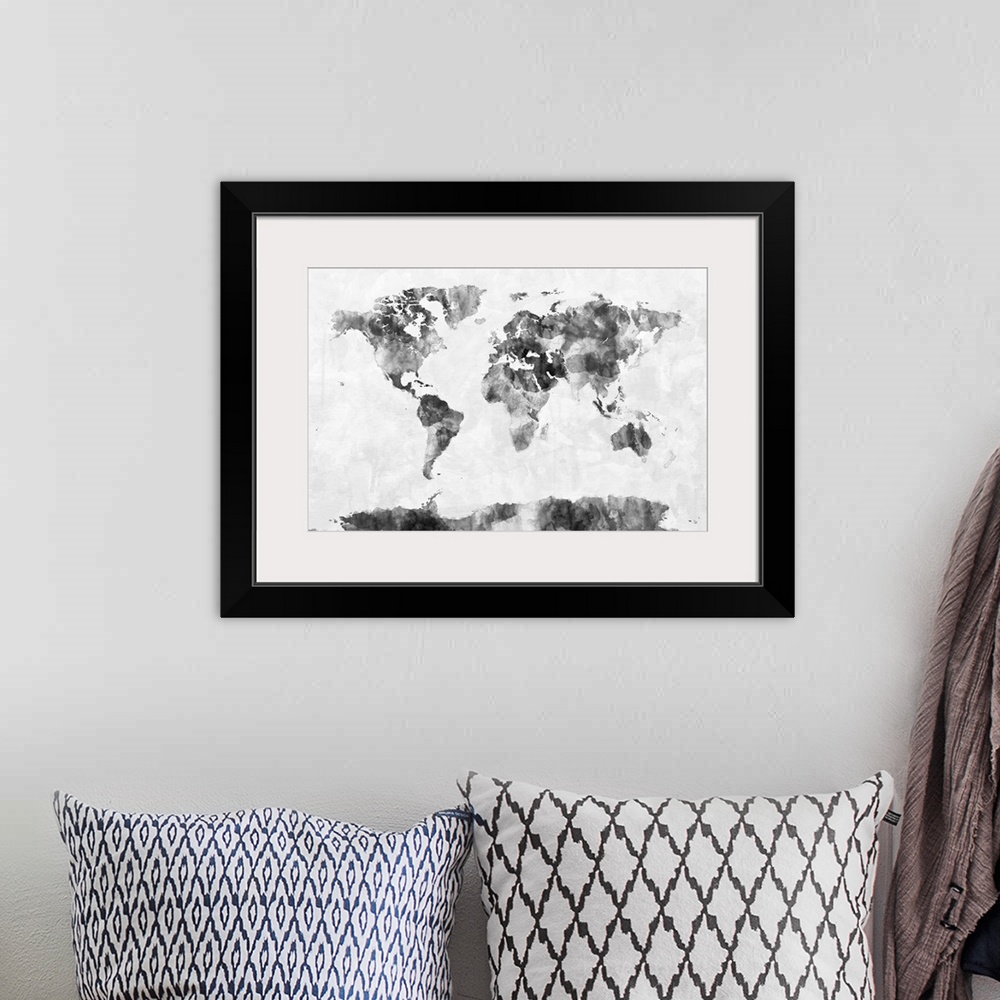 A bohemian room featuring A bright and colorful watercolor world map with country borders.
