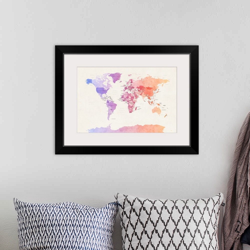 A bohemian room featuring Watercolour Political Map of the World