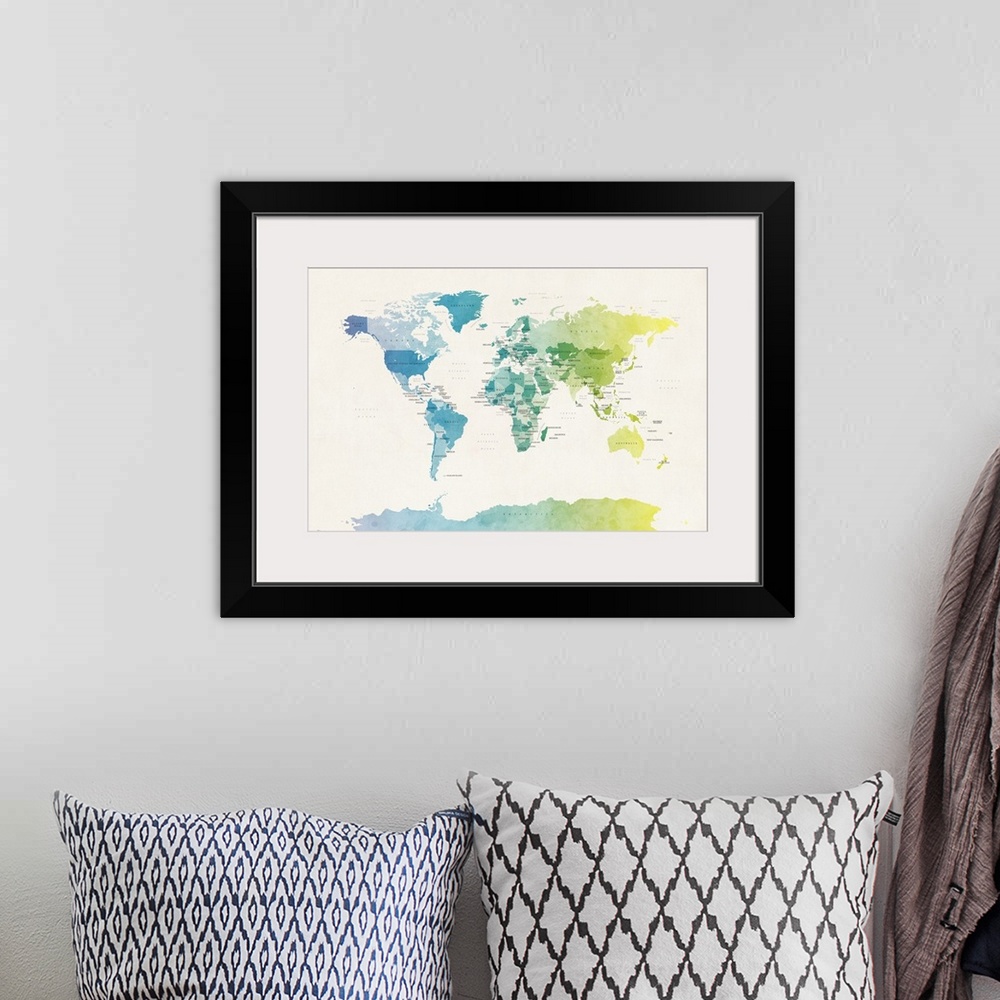 A bohemian room featuring Contemporary artwork of a political map of the world in watercolor.
