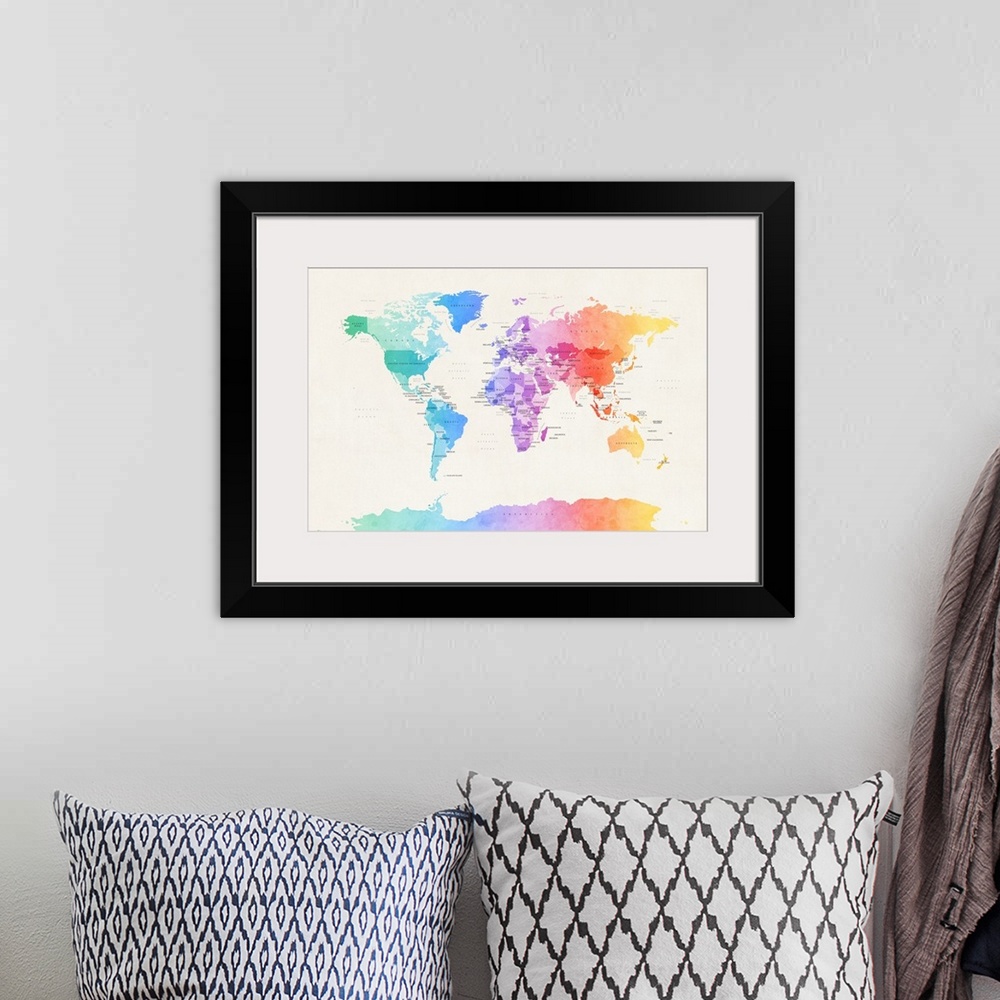 A bohemian room featuring Contemporary watercolor political world map in a spectrum of bright colors.