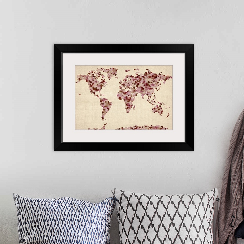 A bohemian room featuring World Art Map made up of Hearts