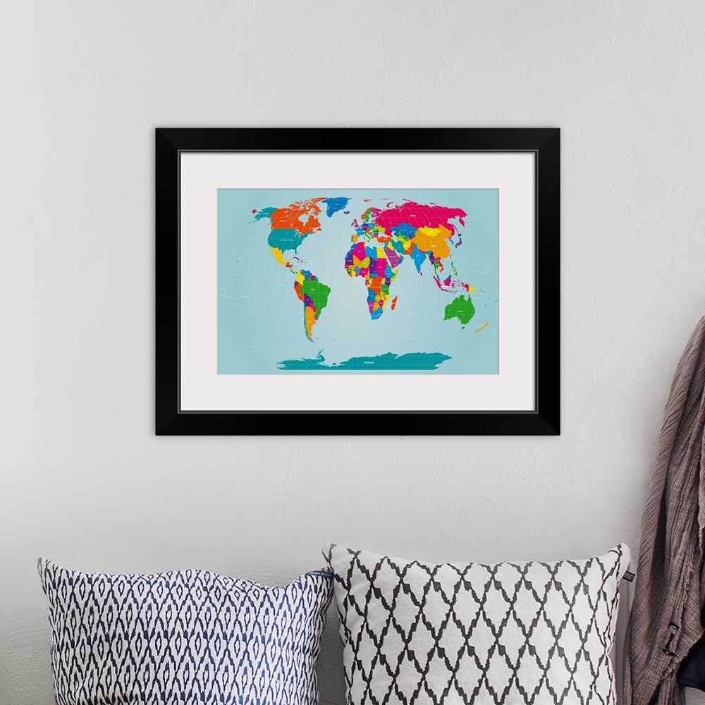 A bohemian room featuring Bright and vibrant colors are used for the countries in this map of the world.