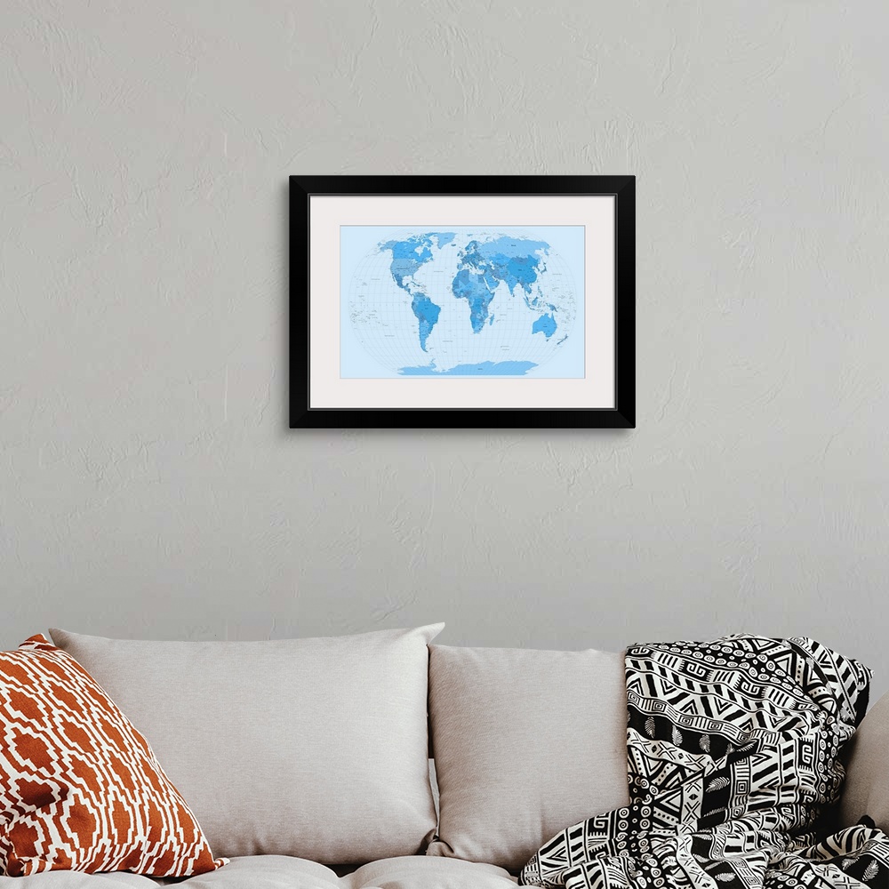 A bohemian room featuring Map of the world with country names, city names, major cities, island names, sea names and gratic...