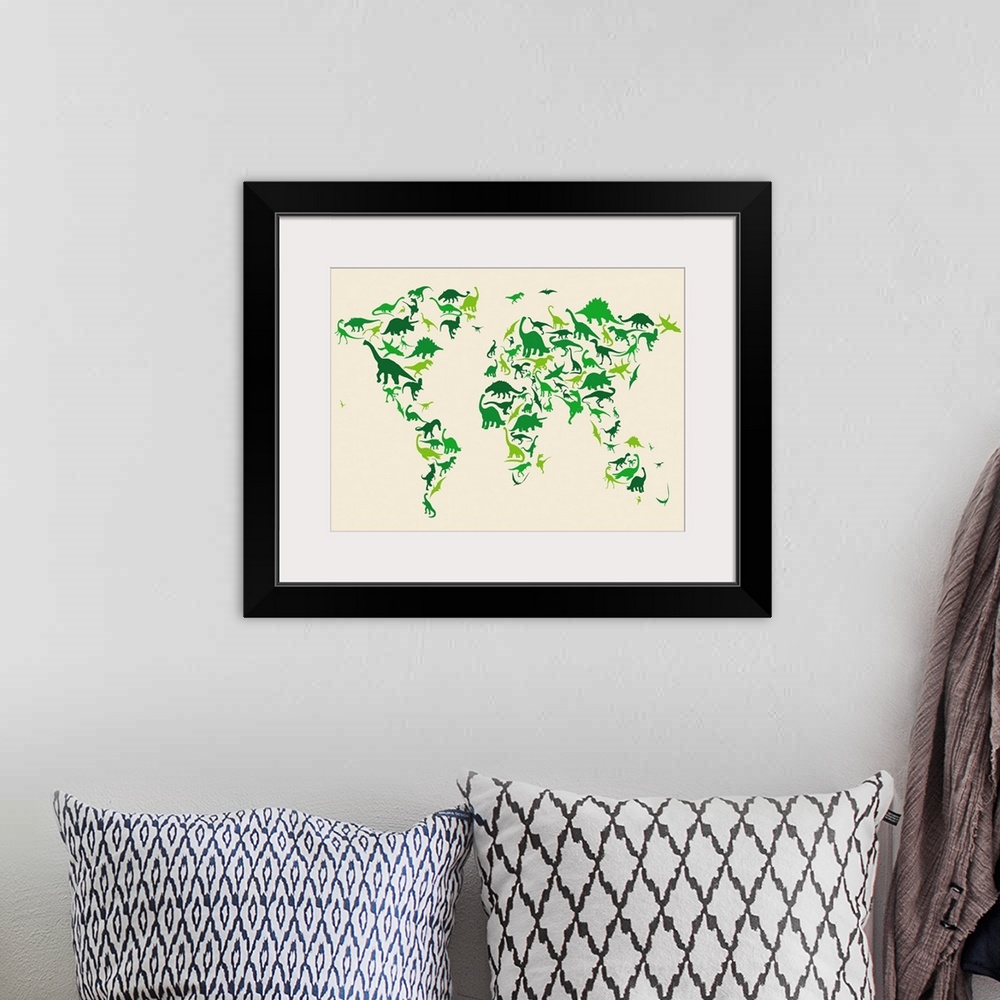 A bohemian room featuring World Map Dinosaurs, Green
