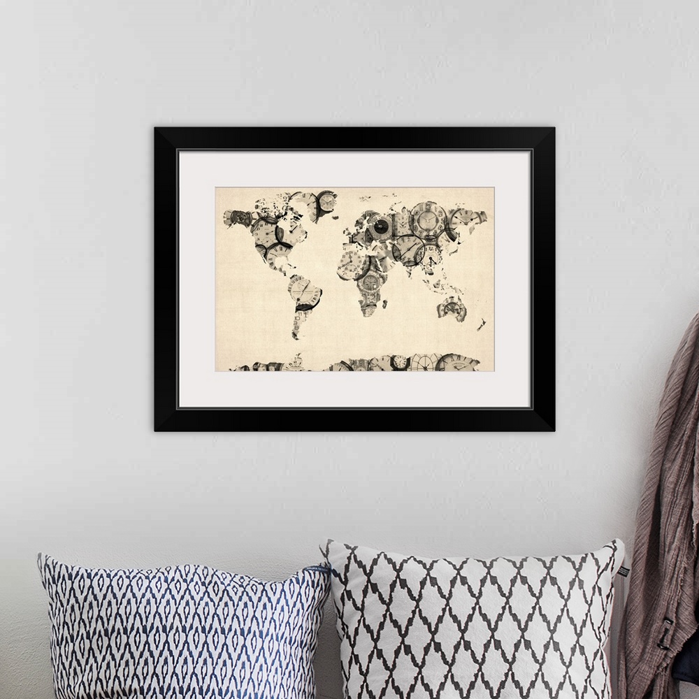 A bohemian room featuring Large map of the world printed on canvas created with a bunch of clock images.