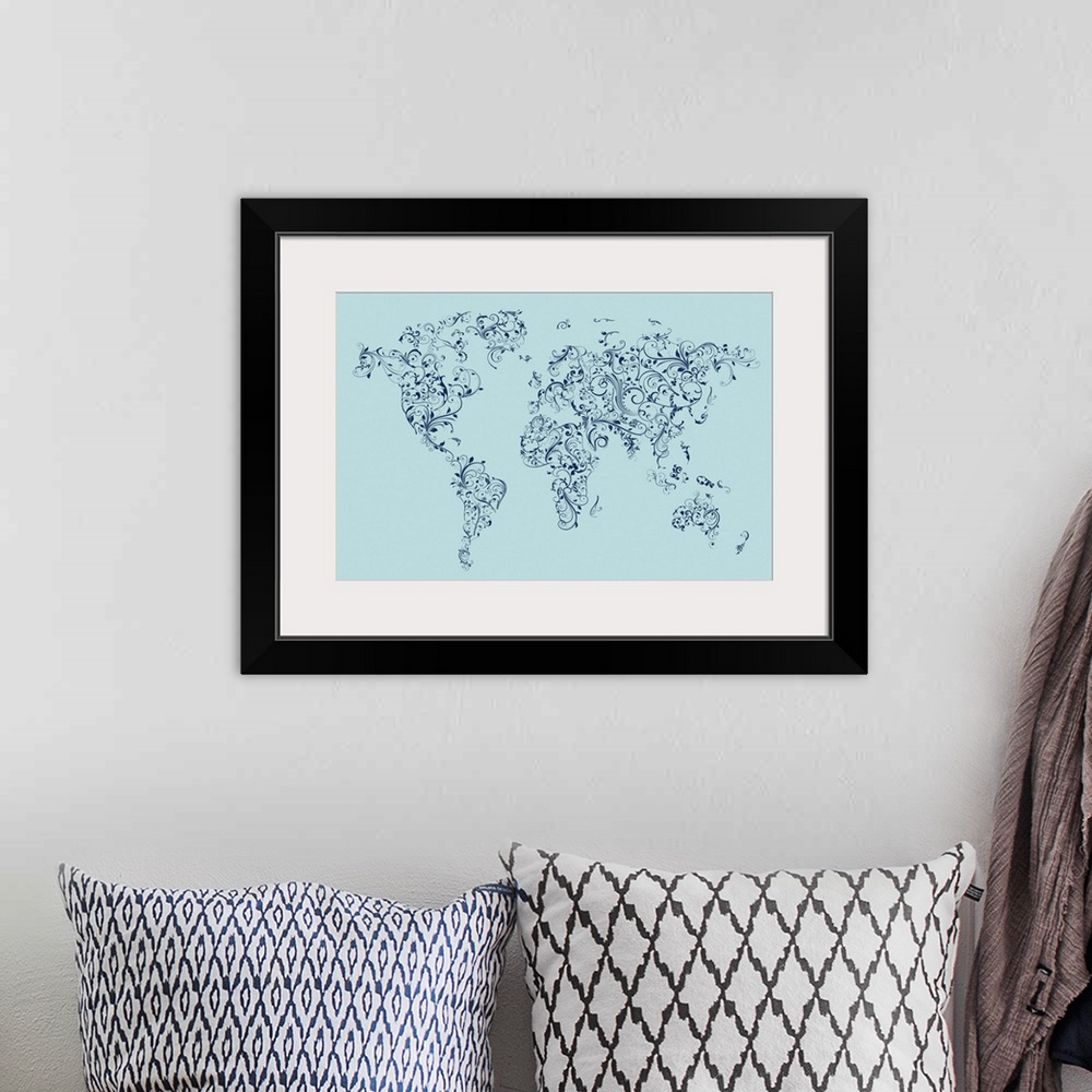 A bohemian room featuring World map made up of Floral Swirls - blue background