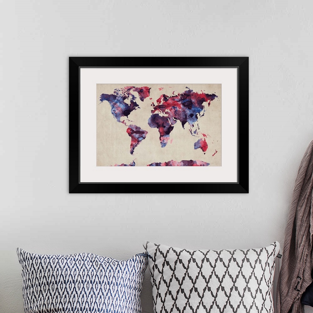 A bohemian room featuring World Map Watercolor, Red and Blue