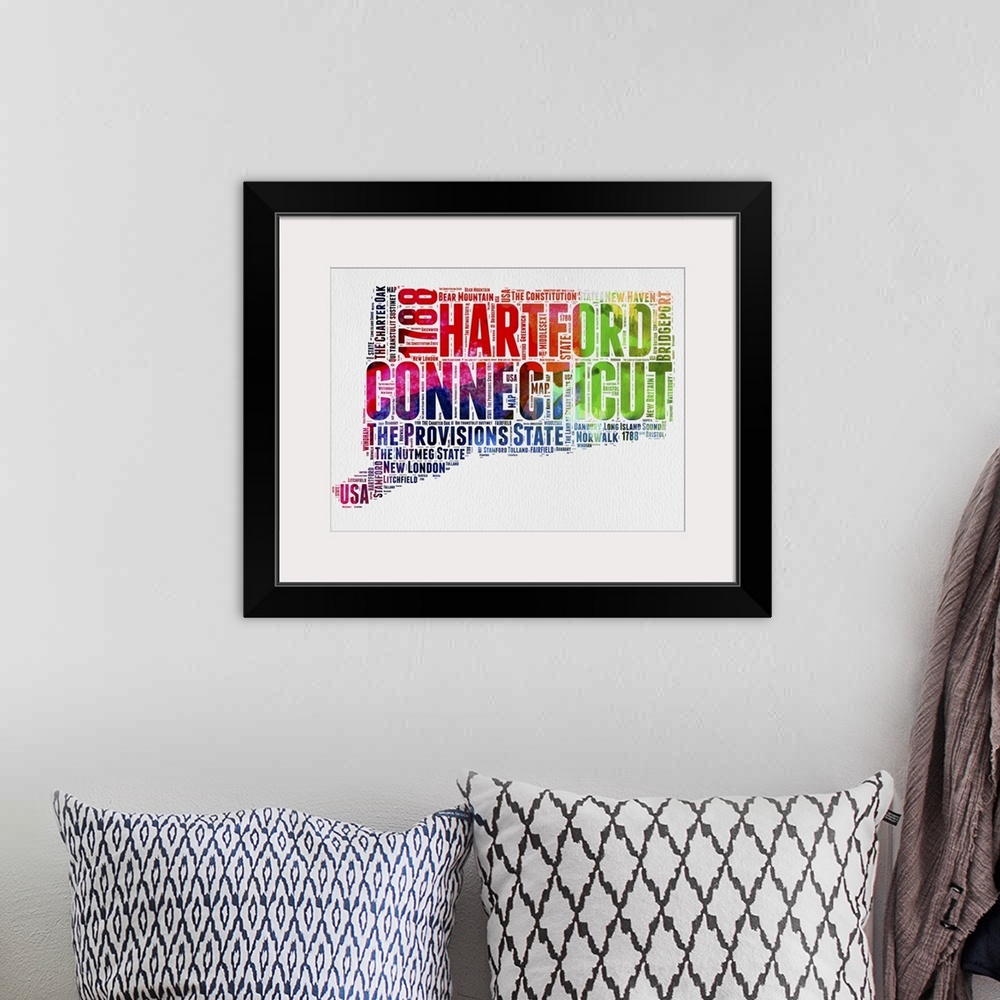 A bohemian room featuring Watercolor typography art map of the US state Connecticut.