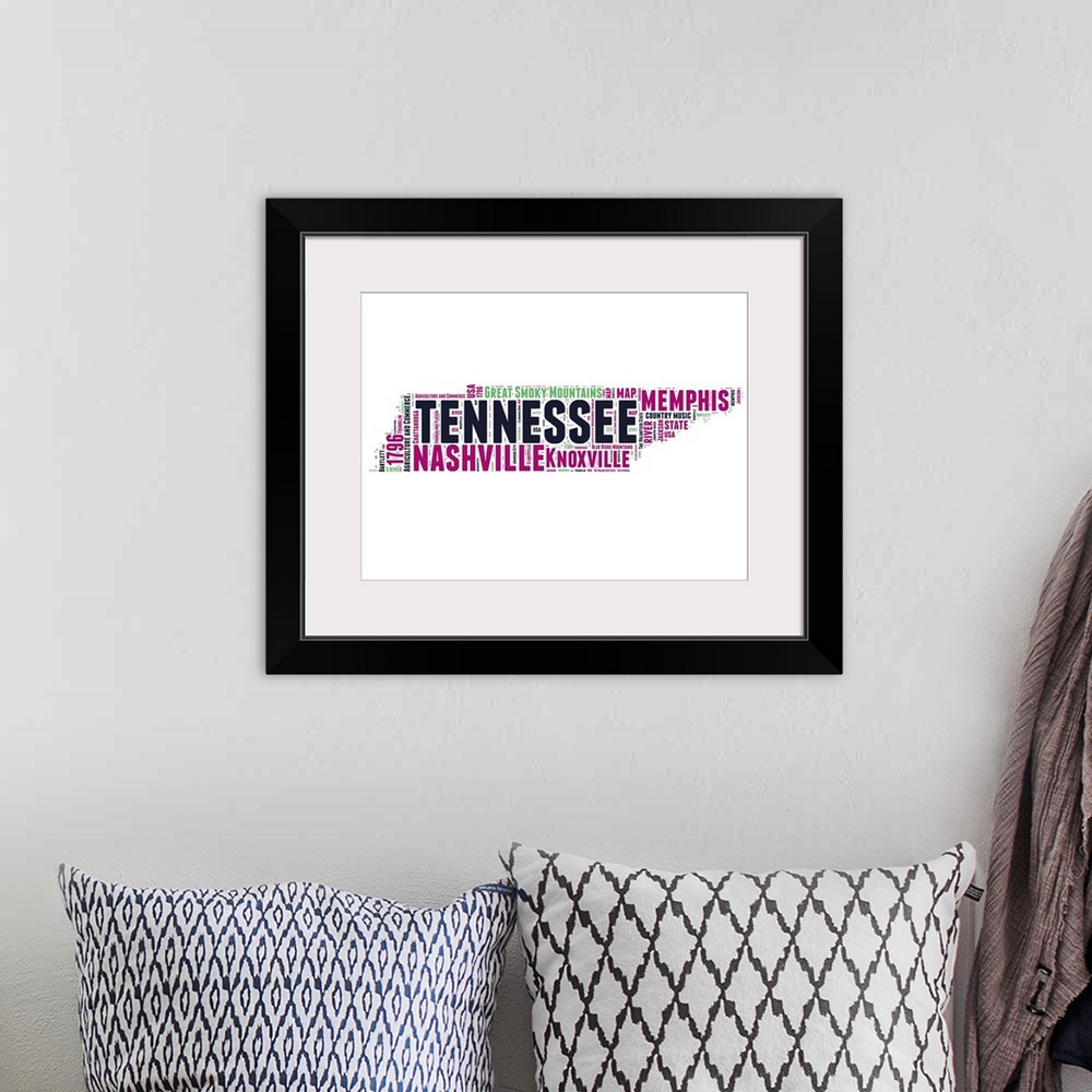 A bohemian room featuring Typography art map of the US state Tennessee.