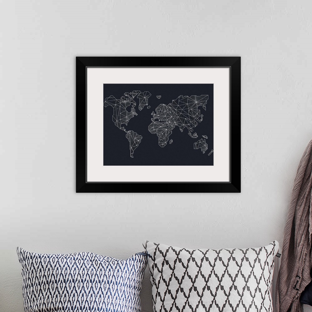 A bohemian room featuring Contemporary world map artwork made from wire.