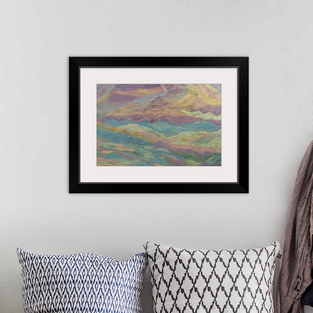 A bohemian room featuring Quiet Guitron selects a palette of pastel tones to paint this enchanting abstract landscape. Dawn...