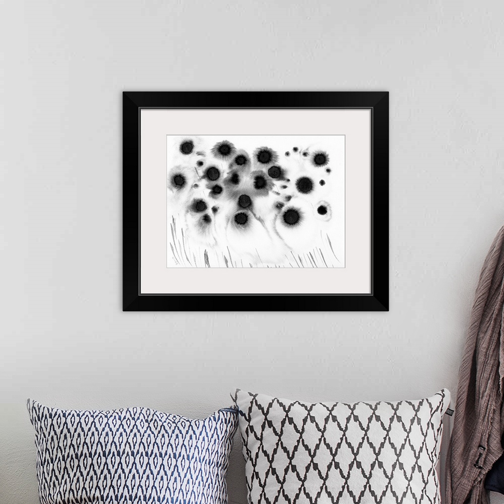 A bohemian room featuring Abstract ink meadow in black and white