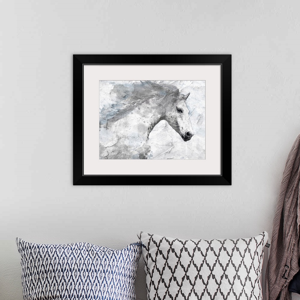A bohemian room featuring Portrait of a white horse running with its mane flowing behind it.