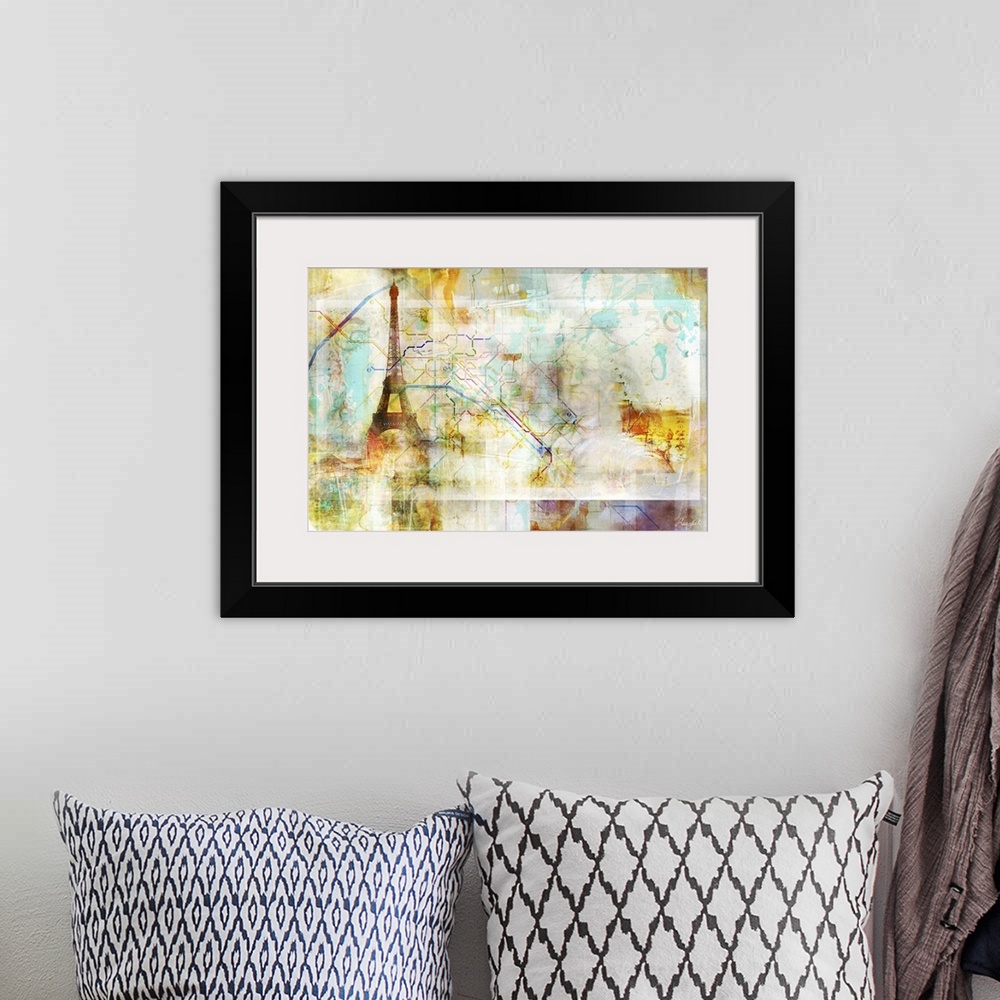 A bohemian room featuring This contemporary colorful artwork of the Eiffel tower and Paris map bring vibrancy to any room.