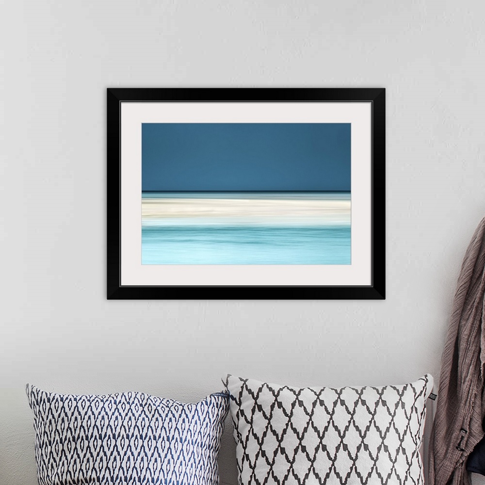 A bohemian room featuring Minimalist abstract of summer water around a sandbank in cream and teal.