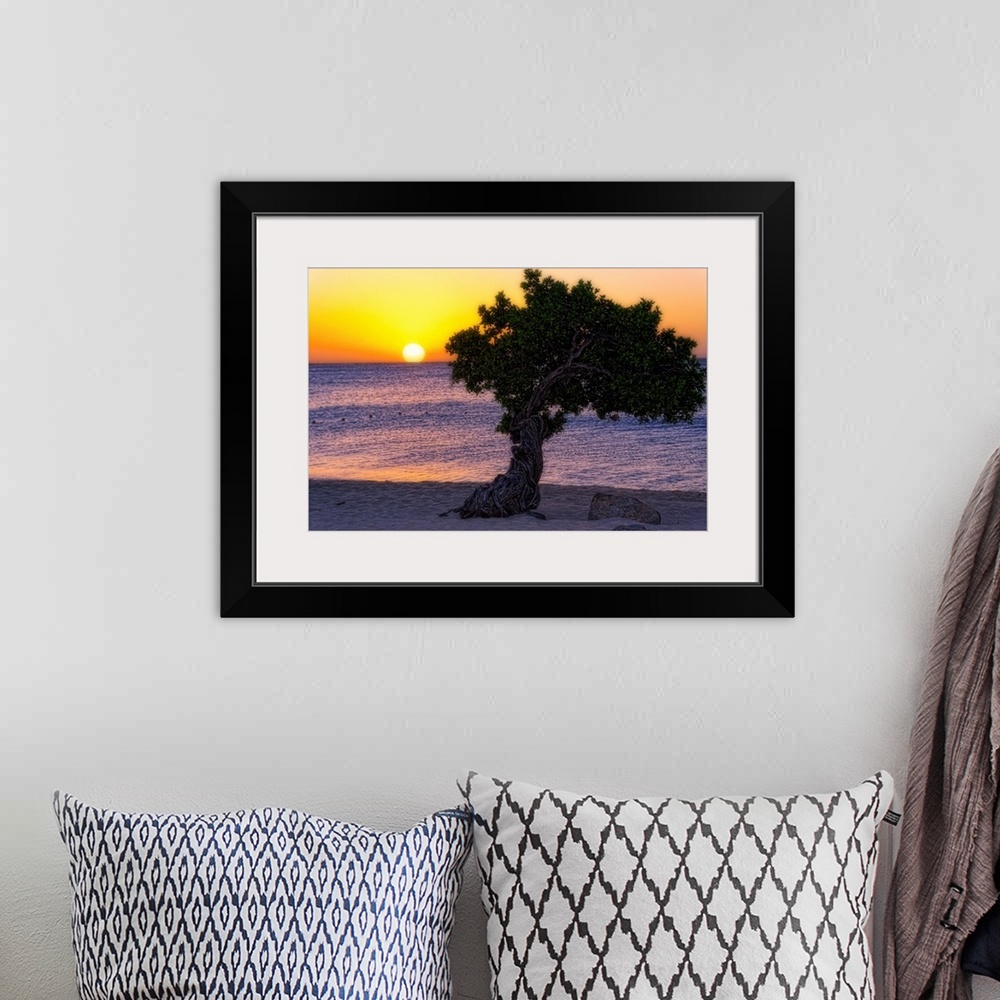 A bohemian room featuring Fine art photo of a single tree on a sandy beach at sunset.