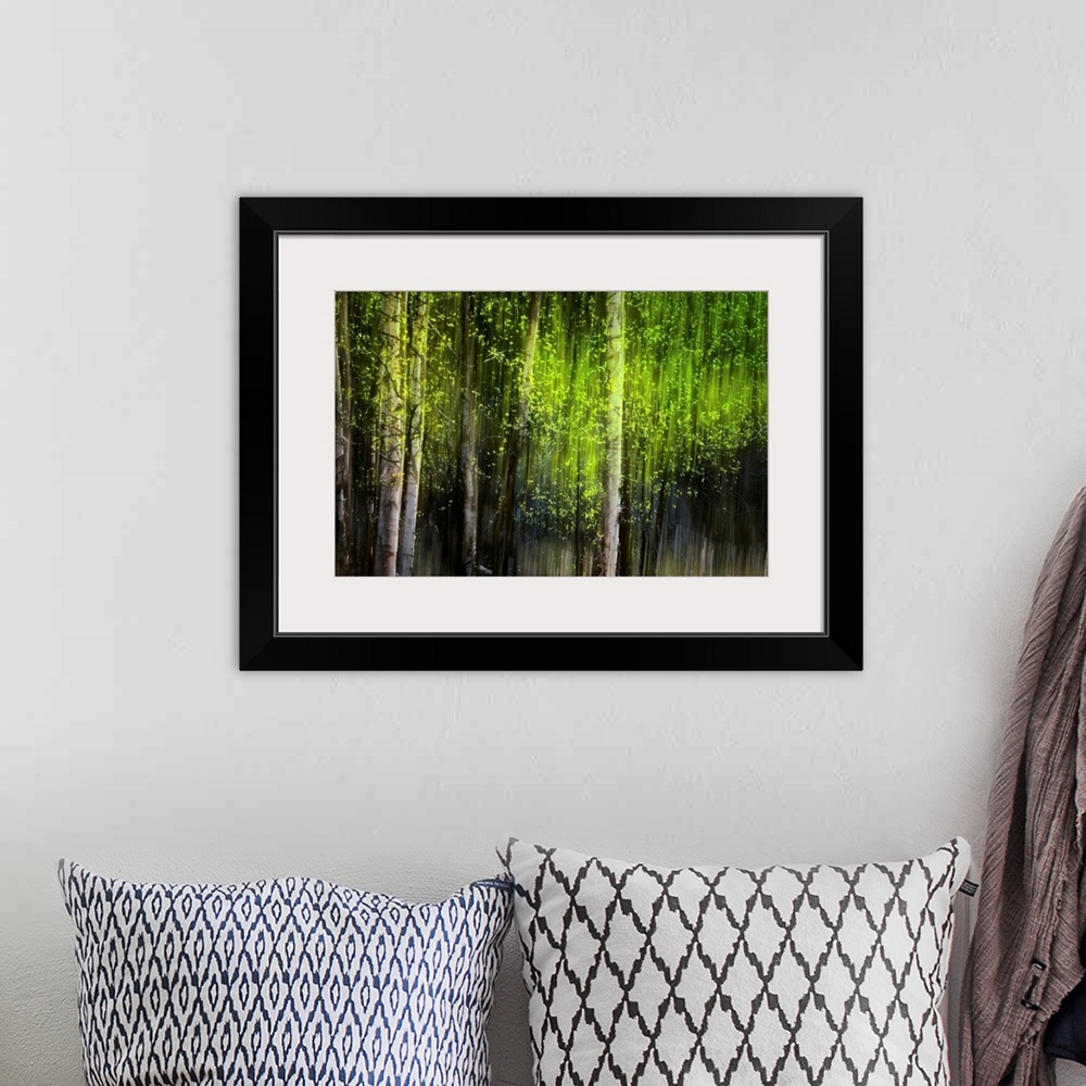A bohemian room featuring This piece is perfect for the home or office of a forest that has vertical streaks throughout the...