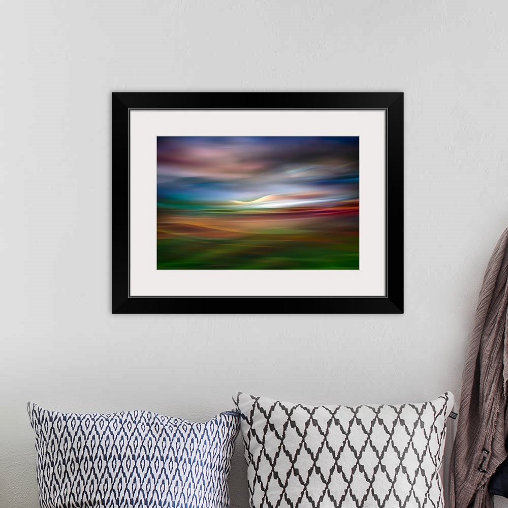 A bohemian room featuring Fine art abstract photograph of the Palouse countryside in Washington.