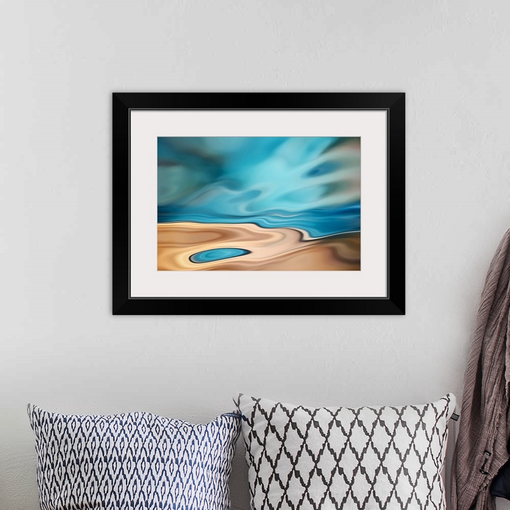 A bohemian room featuring Abstract photography - representation of a small lagoon close to a much larger body of water, lik...